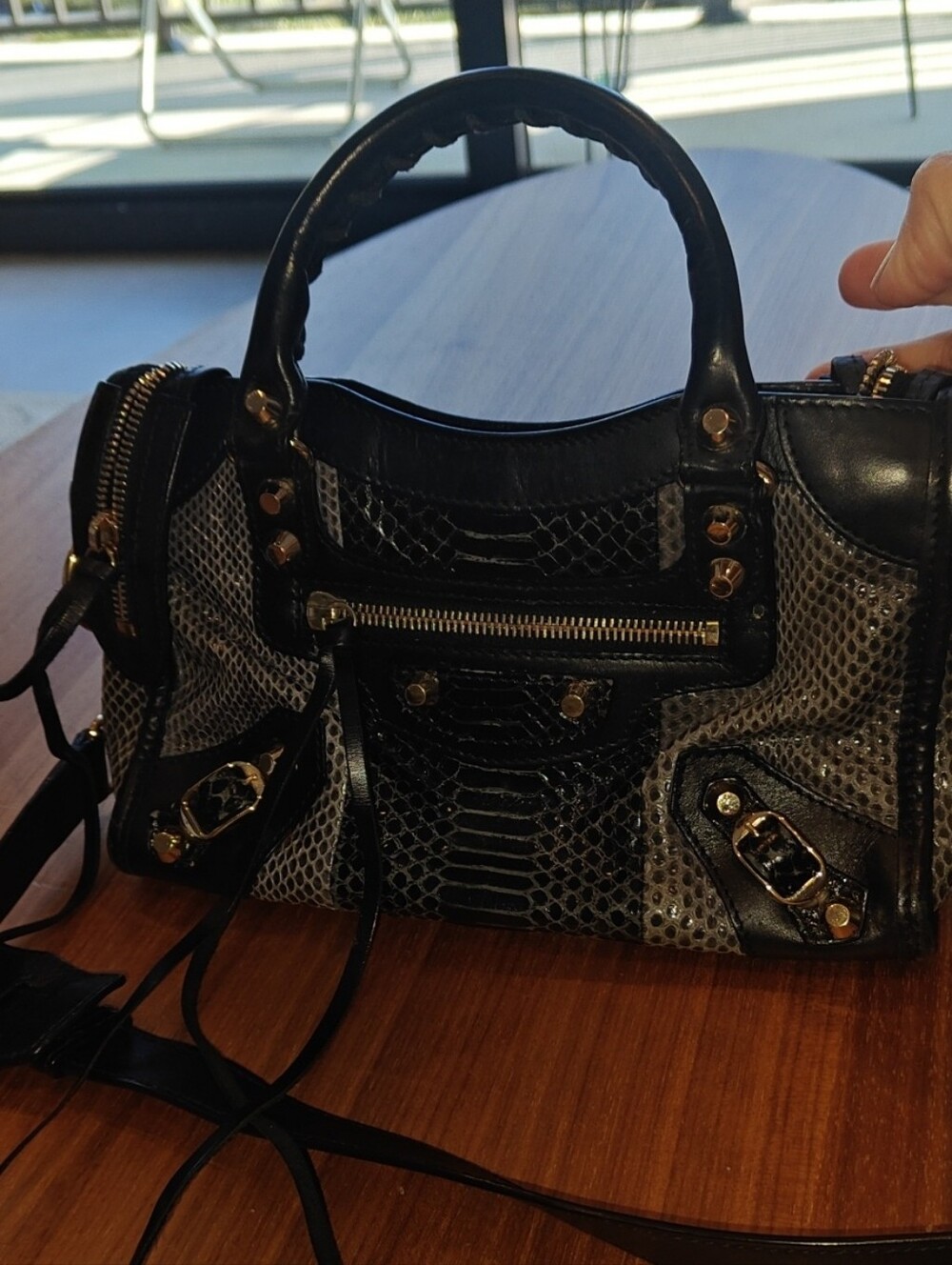 Balenciaga Black and Gray Snake-Textured Top-Handle Crossbody